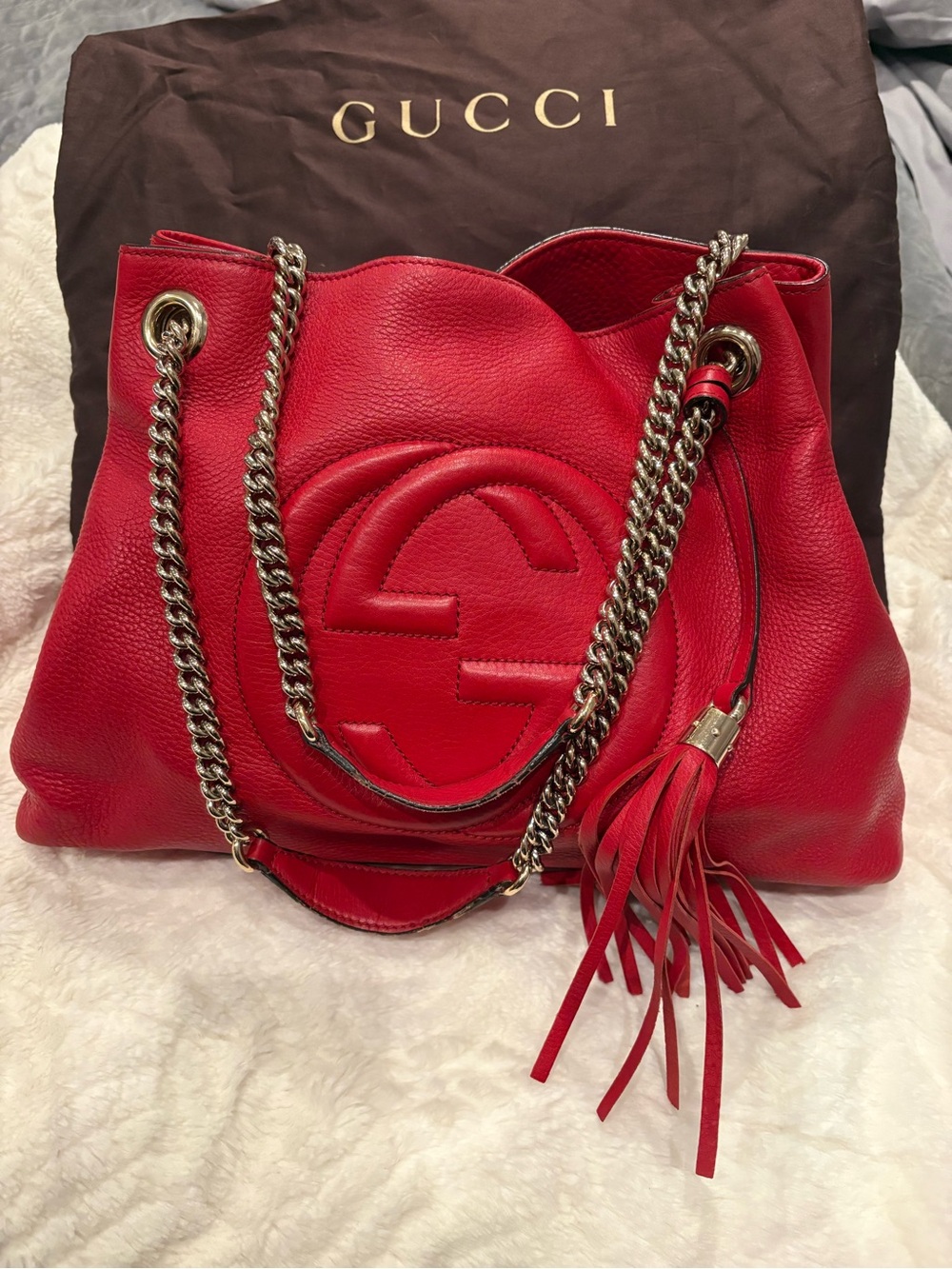Gucci Red Pebbled Leather Shoulder Bag with Tassel+Chain Straps authentic GUCCI - Picture 7 of 7